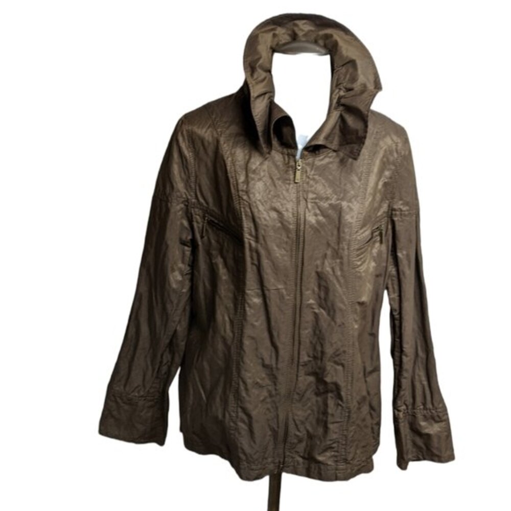 Olsen Europe Top Women 12 Wrinkled Style Ruffled Collar Zip-Up Brown